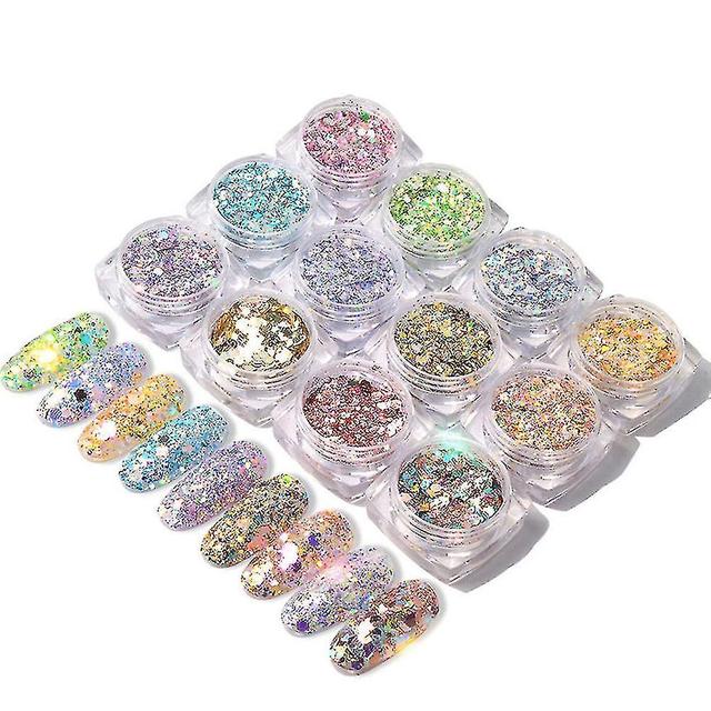 12 Boxes Nail Glitter Sequins Powder 3d Holographic Mermaid Powder Flakes Face Glitter Body Aluminum on Productcaster.