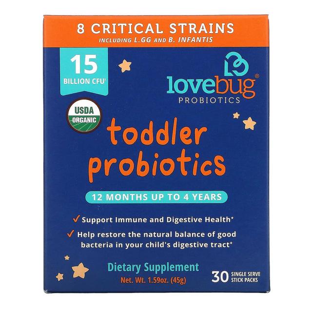 LoveBug Probiotics Probiotiká LoveBug, probiotiká pre batoľatá, 12 mesiacov až 4 roky, 15 miliárd CFU, 30 jednorazových pohlavných bolesti on Productcaster.