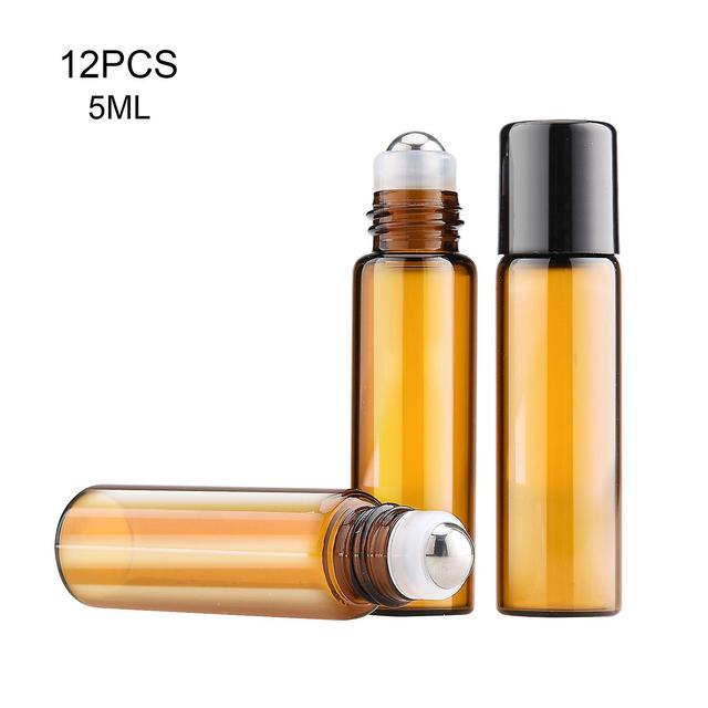 12 Pcs Glass Roll On Bottles With Metal Ball For Essential Oils And Perfumes Brown 5ml on Productcaster.