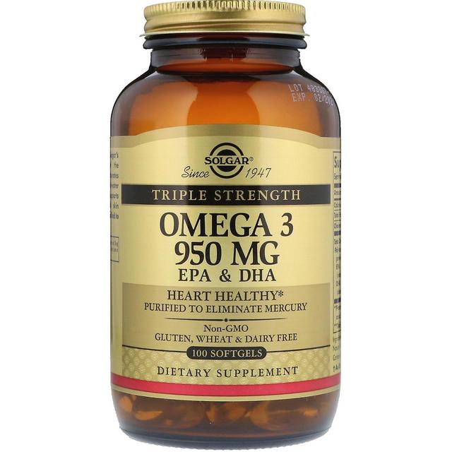 Solgar, omega-3, EPA &; DHA, kolminkertainen vahvuus, 950 mg, 100 pehmeää geeliä on Productcaster.