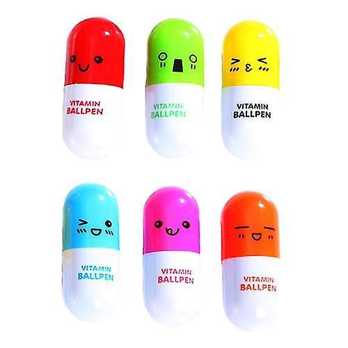 Farfi 6 Pcs Cute Smiling Face Pill Ball Point Pen Telescopic Vitamin Capsule Ballpen Nehxv on Productcaster.