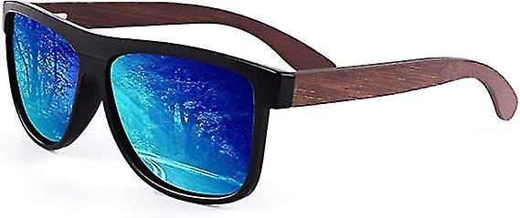 Monture Noire / Verres Miroir Bleus Lunettes de Soleil Polarises pour Homme et Femmes, Lunettes de Soleil en Bois on Productcaster.