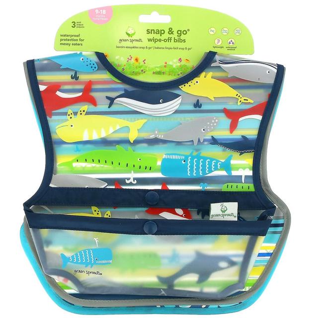 Green Sprouts, Snap & Go Wipe Off Bibs, 9-18 Months, Blue Whales, 3 Pack on Productcaster.