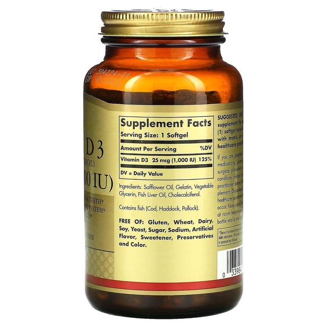 Solgar, Vitamin D3 (Cholecalciferol), 25 mcg (1,000 IU), 250 Softgels on Productcaster.