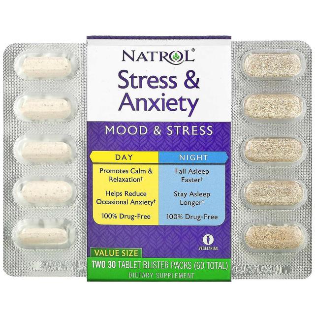 Natrol, Stress & Anxiety, Day & Night, Two 30 Tablet Blister Packs (60 Total) on Productcaster.