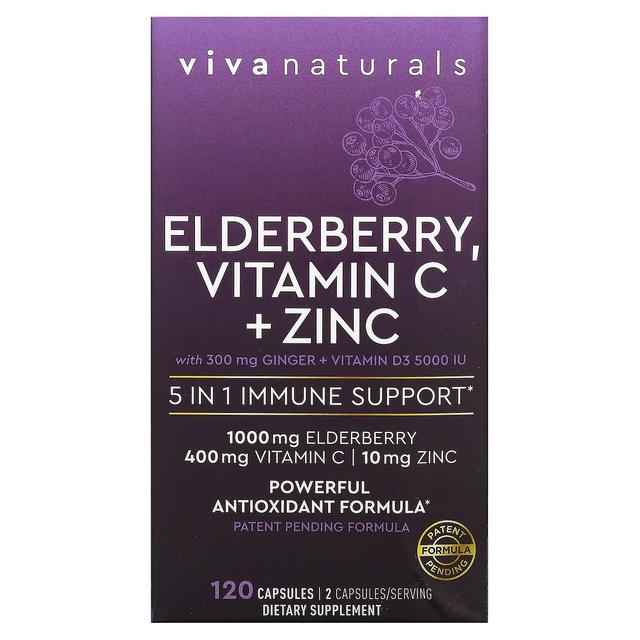 Viva Naturals, Elderberry, Vitamin C + Zinc, 5 in 1 Immune Support, 120 Capsules on Productcaster.