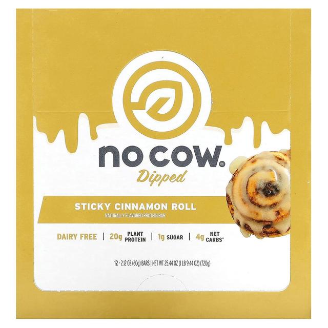 No Cow, Dipped Protein Bar, Sticky Cinnamon Roll, 12 Bars, 2.12 oz (60 g) Each on Productcaster.