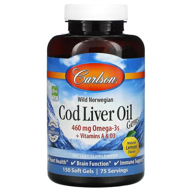 Carlson, Wild Norwegian, Cod Liver Oil Gems, Natural Lemon, 460 mg, 150 Soft Gels on Productcaster.