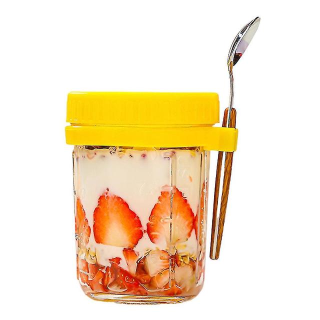 Overnight Oats Container with Lid and Spoon, 350ml Cereal, Milk, Vegetable, Fruit Salad Storage Cont Yellow on Productcaster.