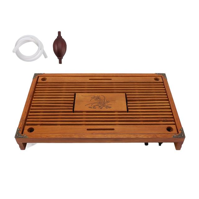 Chinese Style Kongfu Tea Tray Wooden Teaboard Drainage Water Storage Serving Tray Orchid Pattern Yellow on Productcaster.