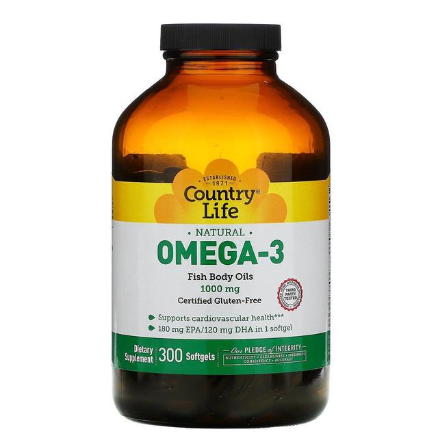 Country Life Maalaiselämä, luonnollinen omega-3, 1 000 mg, 300 pehmeää geeliä on Productcaster.