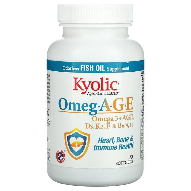 Kyolic Kyoliska, Omeg.A.G.E, Omega-3 + AGE, D3, K2, E & B6, 9, 12, Hjärta, Ben & Immun hälsa, 90 Softgels on Productcaster.