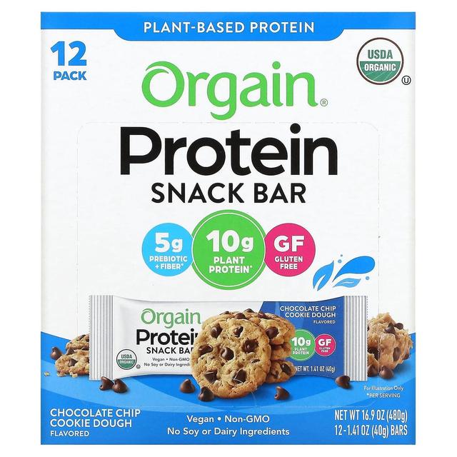 Orgain, Organic Plant-Based Protein Bar, Chocolate Chip Cookie Dough, 12 Bars, 1.41 oz (40 g) Each on Productcaster.