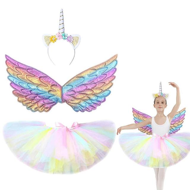 3Pcs Girls Dress Up Princess Dress Balley Mesh Skirt with Headband Angel Wing Christmas Halloween Birthday Party Cosplay Props on Productcaster.