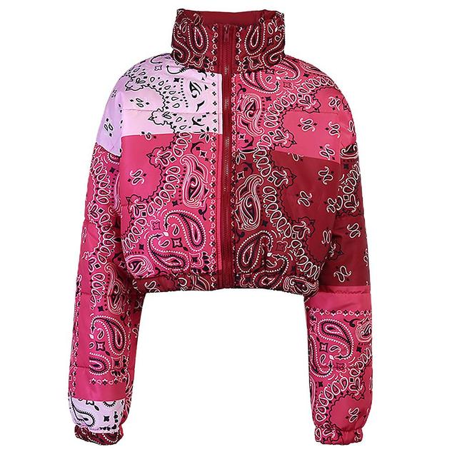 Casual Puffer Bandana Jacket With Stand-up Collar And Cashew Flower Print, 100% Polyester Material - Red, Purple, Green, Orange, Blue (s-xxl) XL on Productcaster.