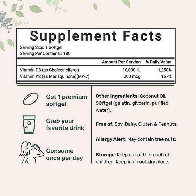 Vitamina D3 & K2 Suplemento Softgels, Vitamina D3 10000 UI com K2 200 mcg, K2 MK-7 com suplemento vitamínico D3, Suporte Imunológico, 180 Soft-Gels... on Productcaster.