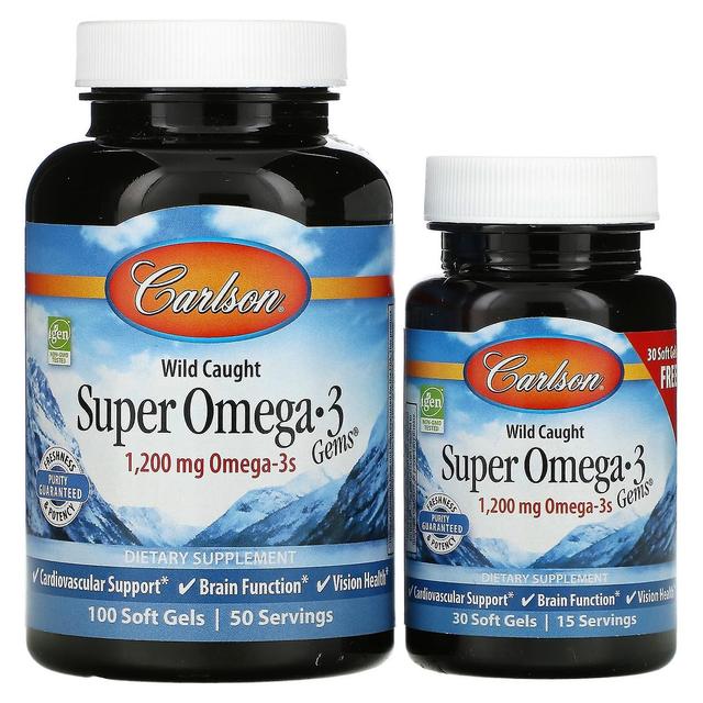 Carlson, Wild Fanget, Super Omega-3 ædelstene, 600 mg, 100 + 30 bløde geler on Productcaster.