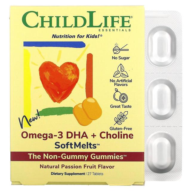 ChildLife, Omega-3 DHA + Choline SoftMelts, Natural Passion Fruit , 27 Tablets on Productcaster.