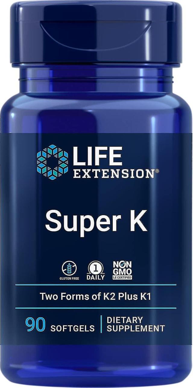 Extensão de Vida Super K - Vitamina K1 e duas formas de K2 - Sem glúten - Uma vez Diariamente - Não-OGM - 90 Softgels on Productcaster.