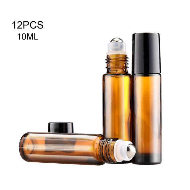 12 Pcs Essential Oil Roller Bottles With Metal Ball And Empty Perfume Glass In Box Brown 10ml on Productcaster.