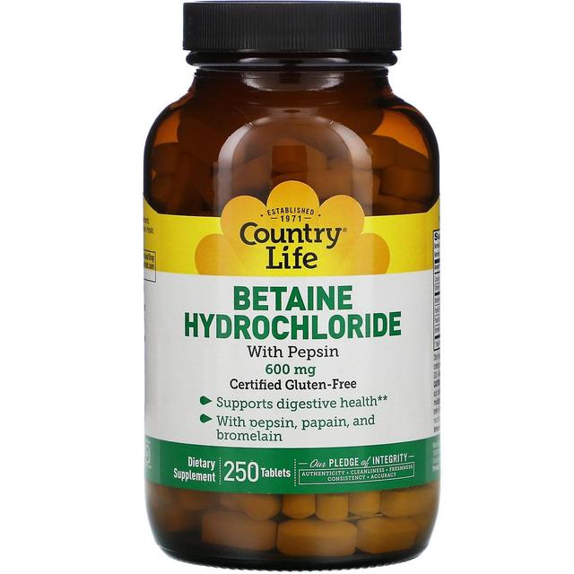 Country Life, Betaine Hydrochloride with Pepsin, 600 mg, 250 Tablets on Productcaster.