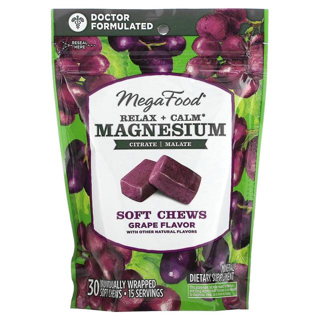 MegaFood, Relax + Calm Magnesium Soft Chews, Grape, 30 Individually Wrapped Soft Chews on Productcaster.