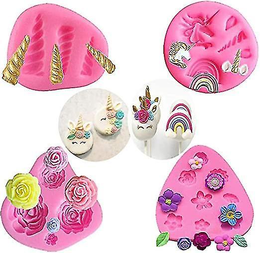 Lot de 4 , Moule en silicone Mini Licorne, Licorne Oreilles Corne Arc-En-Fleurs et feuilles, Moule Chocolat Fondant Cupcake Toppers pour Licorne on Productcaster.