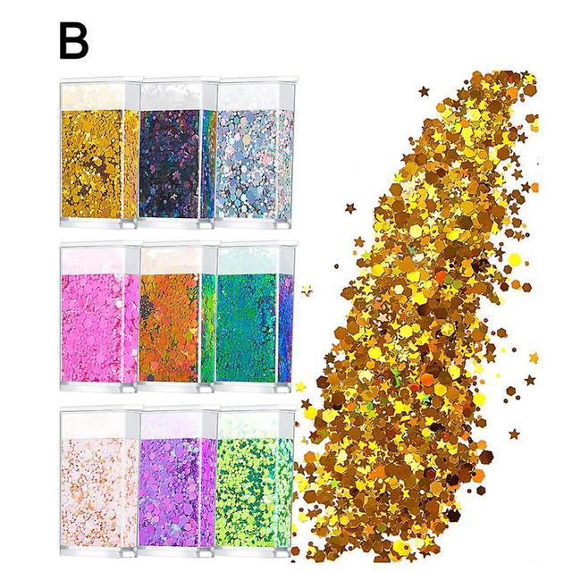 Realove 9Pcs/12Pcs Nail Flakes Vibrant Color Eye-catching Easy Application 3D Nail Glitter Flakes for Makeup B on Productcaster.