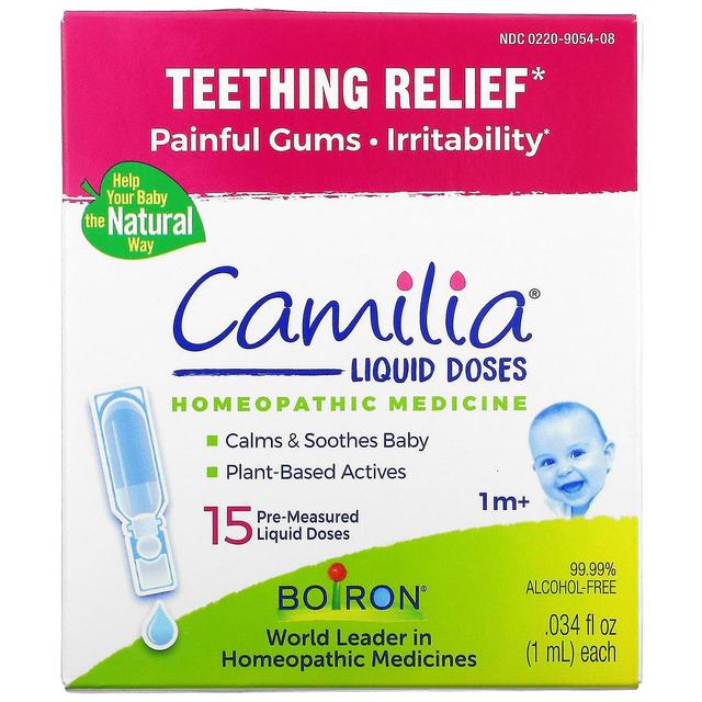 Boiron, Camilia, Teething Relief, 1 Months & Up, 15 Pre-Measured Liquid Doses, .034 fl oz (1 ml) Eac on Productcaster.