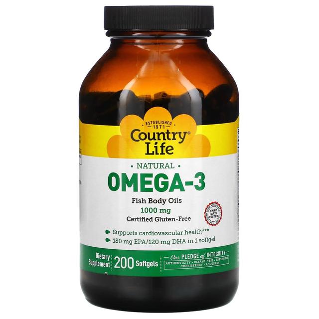 Country Life Maalaiselämä, luonnollinen omega-3, 1 000 mg, 200 pehmeää geeliä on Productcaster.