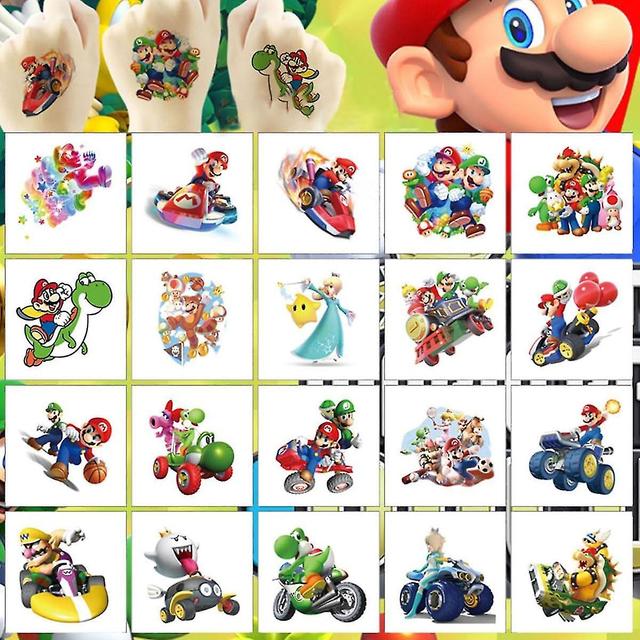 20 Sheets Super Mario Temporary Tattoos Stickers Birthday Party Supplies Anime Cartoon Fake Tattoos on Productcaster.