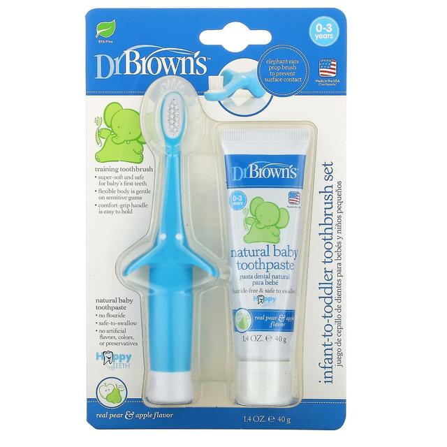 Dr. Brown's, Infant to Toddler Toothbrush Set, 0-3 Years, Blue, Real Pear & Apple Flavor, 2 Piece Se on Productcaster.