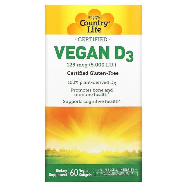 Country Life, Certified Vegan D3, 125 mcg (5,000 IU), 60 Vegan Softgels on Productcaster.