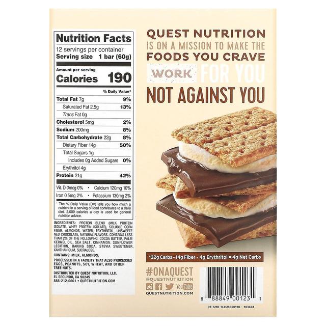 Quest Nutrition, Protein Bar, S'mores, 12 Bares, 2,12 (60 g) Cada on Productcaster.