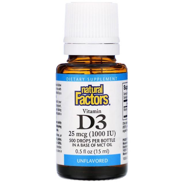 Natural Factors Naturliga faktorer, Vitamin D3 droppar, Smaklös, 25 mcg (1,000 IE), 0,5 fl oz (15 on Productcaster.