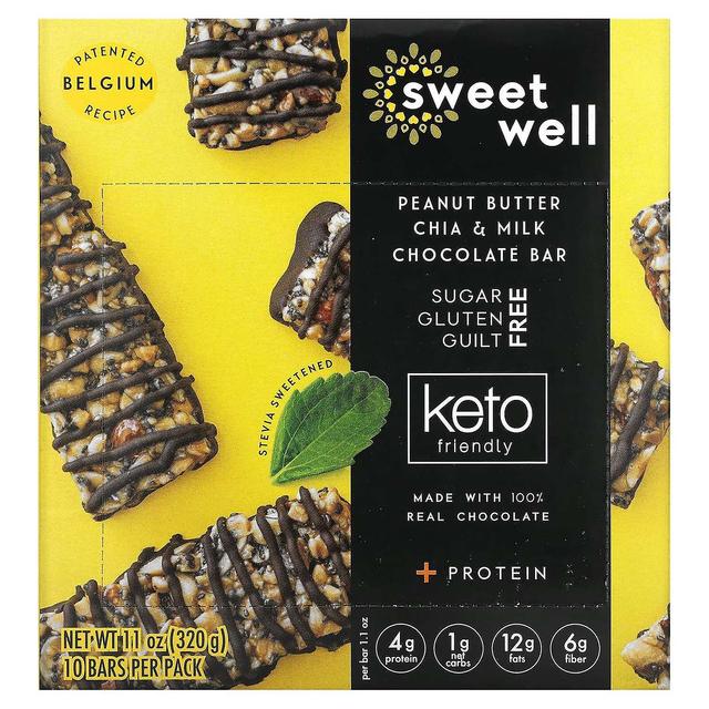 Sweetwell, Jordnøddesmør Chia &; Mælkechokoladebar, Protein, Keto-venlig, 10 barer, 1,1 oz (32 g) E on Productcaster.