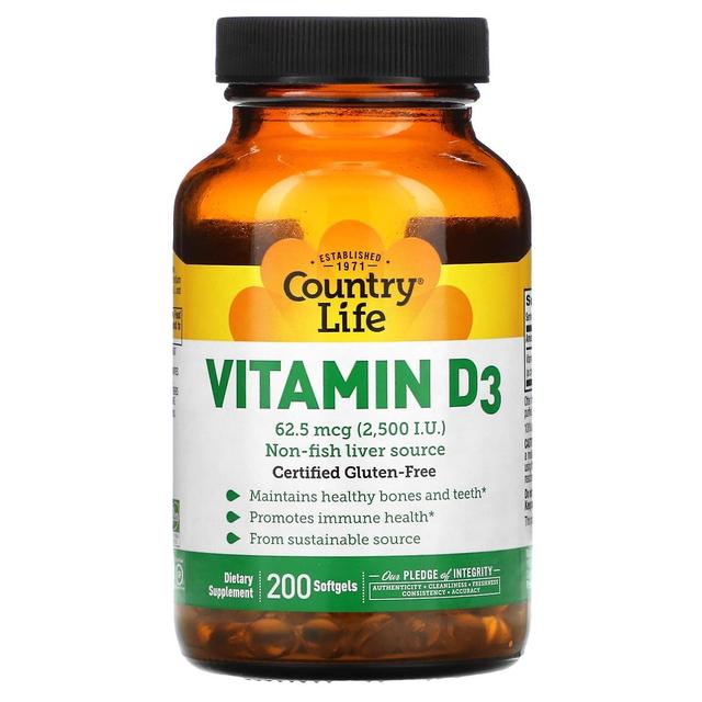 Country Life, Vitamin D3, 62.5 mcg (2,500 I.U.), 200 Softgels on Productcaster.