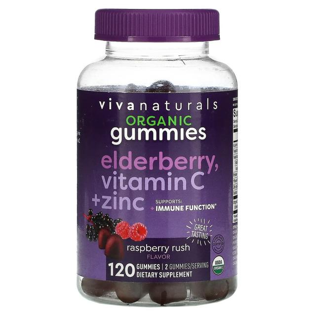 Viva Naturals, Organic Elderberry, Vitamin C + Zinc, Raspberry Rush, 120 Gummies on Productcaster.