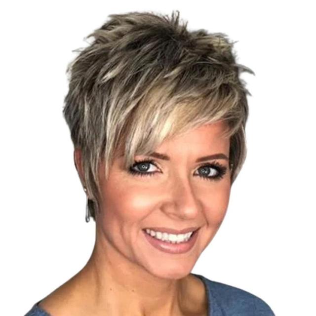 Fashion Women Grey Pixie Cut Short Full Wigs Tilt Bangs Boycut Hair Wig on Productcaster.