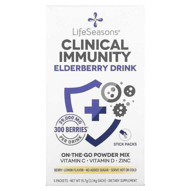 LifeSeasons, Clinical Immunity Elderberry Drink Mix, Berry-Lemon, 39,000 mg, 5 Packets, 3.14 g Each on Productcaster.