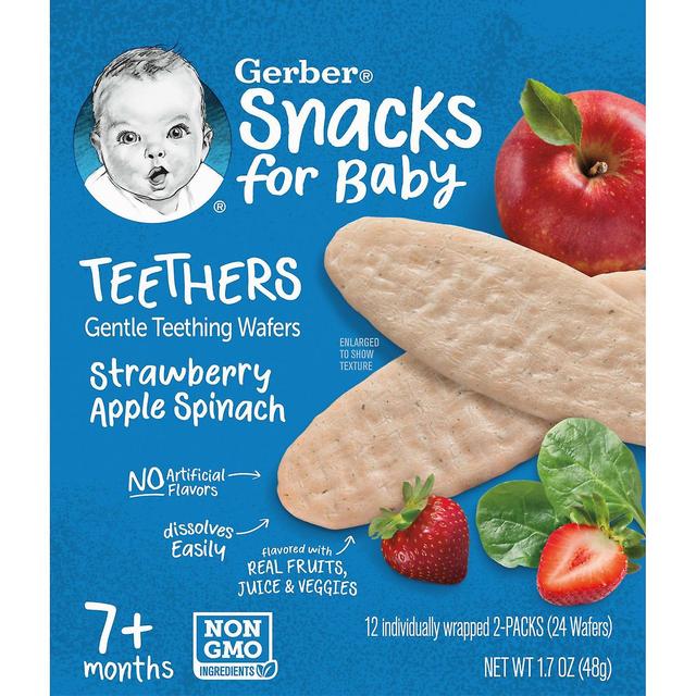 Gerber, Snacks til baby, Tænder, Blide Tandskiver, 7+ måneder, Jordbær Æblespinat, 12 P on Productcaster.