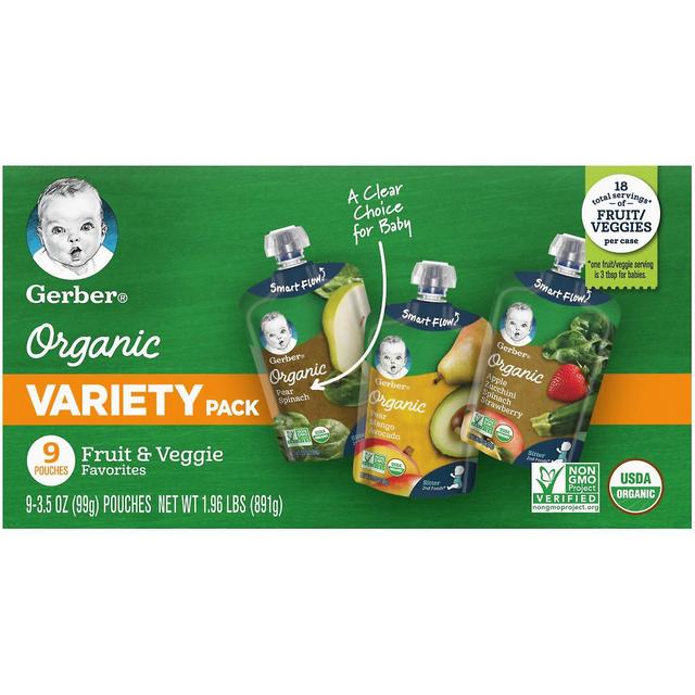 Gerber, Paquete de variedades orgánicas, 2nd Foods, Favoritos de frutas y verduras, 9 bolsas, 3.5 oz (99 g) cada una on Productcaster.