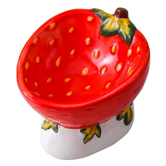 Painted Ceramic Cat Food Bowl Ergonomic Neck Guard Pet Feeder Elevated Pet Food Dispenser Strawberry on Productcaster.