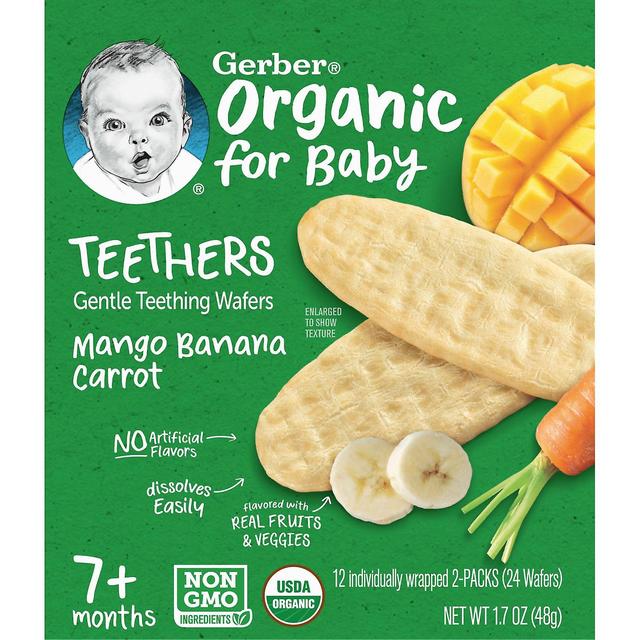 Gerber, økologisk til baby, blide tænderskiver, 7+ måneder, mangobanangulerod, 12 pakker, 2 skiver on Productcaster.