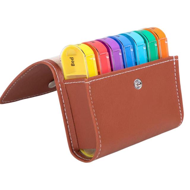 Vitamin PU Bag Multicolored Weekly English Fish Oil 4 Times Pill Organizer Brown on Productcaster.