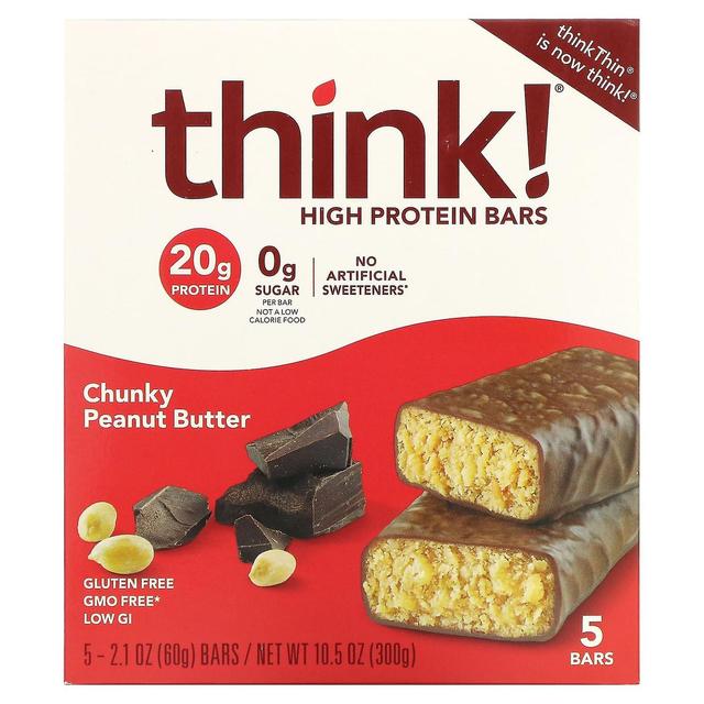 Think! Tænk!, Høj proteinbarer, Chunky Jordnøddesmør, 5 barer, 2,1 oz (60 g) Hver on Productcaster.