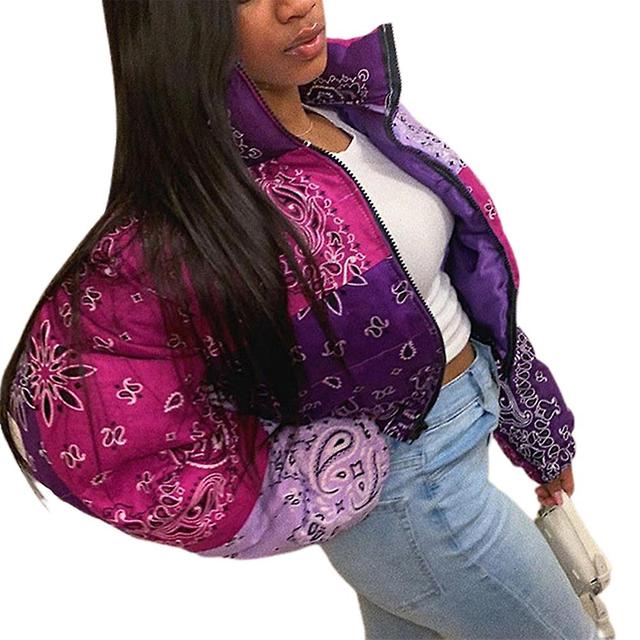 Casual Puffer Bandana Jacket With Stand-up Collar And Cashew Flower Print, 100% Polyester Material - Red, Purple, Green, Orange, Blue (s-xxl) on Productcaster.