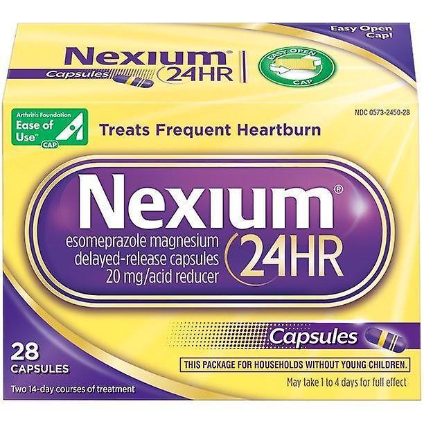 Nexium 24hr capsules (20mg, 28 ct.) delayed release heartburn relief, esomeprazole magnesium acid reducer on Productcaster.