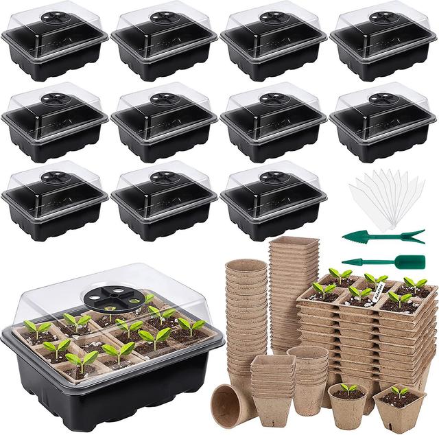 Hgbd-hahood 12 Sets Seed Starter Tray Kit Include Plastic Plant Germination Growing Trays With Peat Pot, Seed Starter Pot, Plant Labels, Garden Tools on Productcaster.