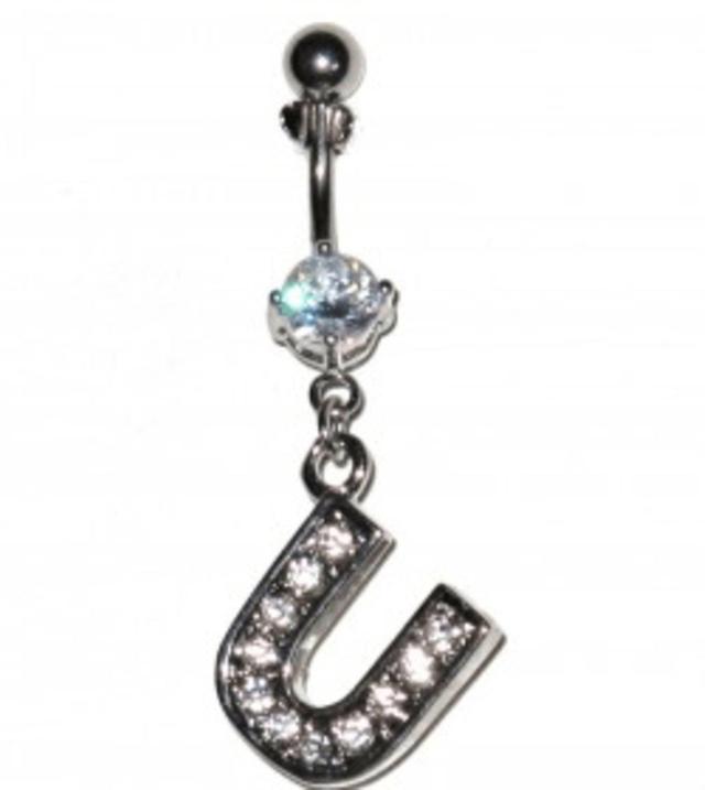 Hiprock Navel Piercing with white crystals - letter U on Productcaster.